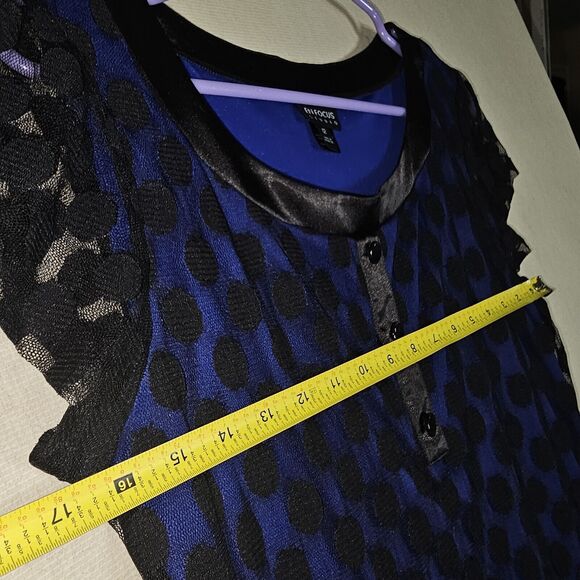 Enfocus Studio Blue Dress Women Size 12 Black Polka Dot Mesh Layer w Pockets - Picture 7 of 10